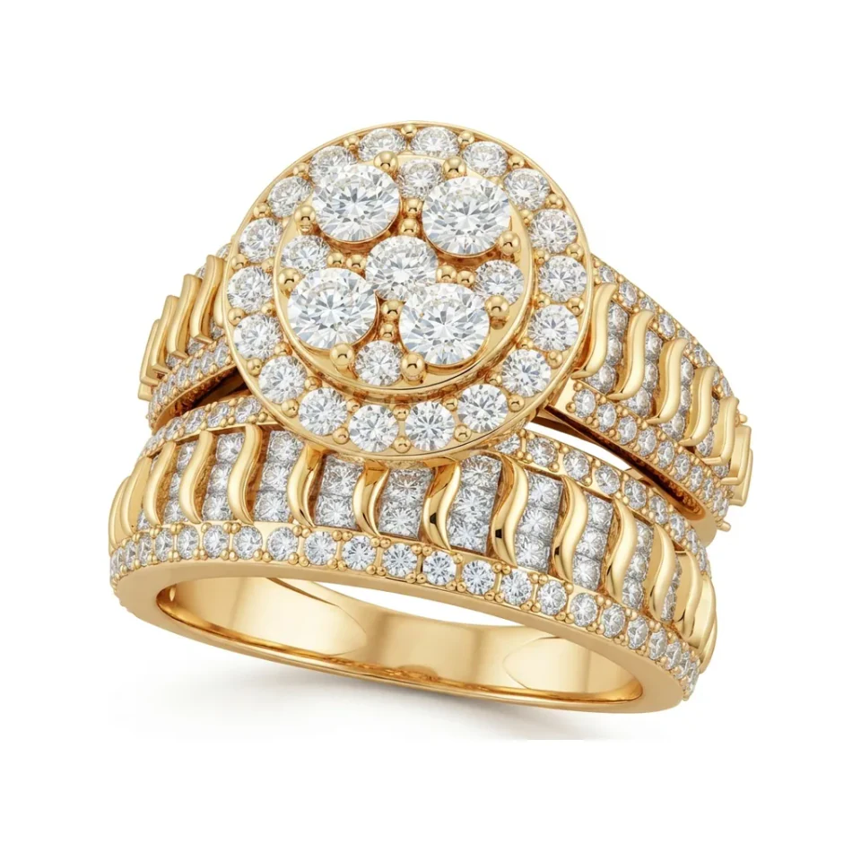 2.33 CTTW Halo Cluster Bridal Set with Baguettes | Wide Band in 10K Yellow Gold image 1