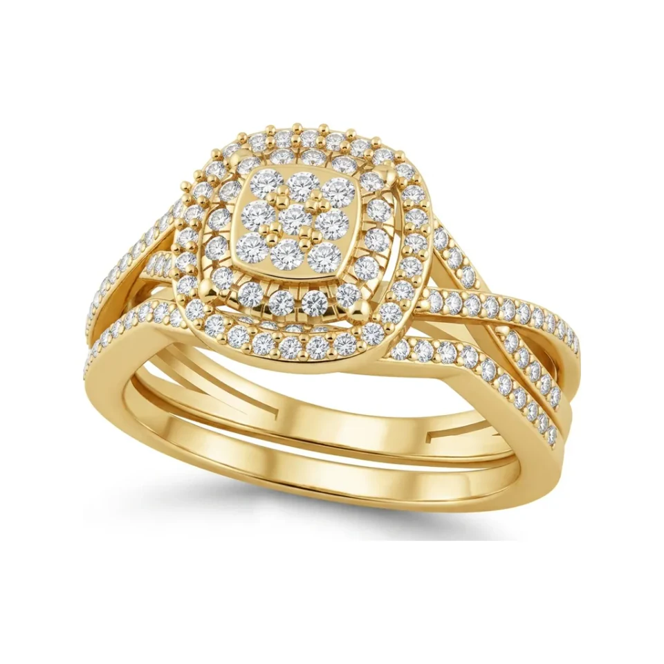 0.35 CTTW Cushion Double Halo Engagement Ring | Split Shank Micro-Pave in 10K Yellow Gold image 1