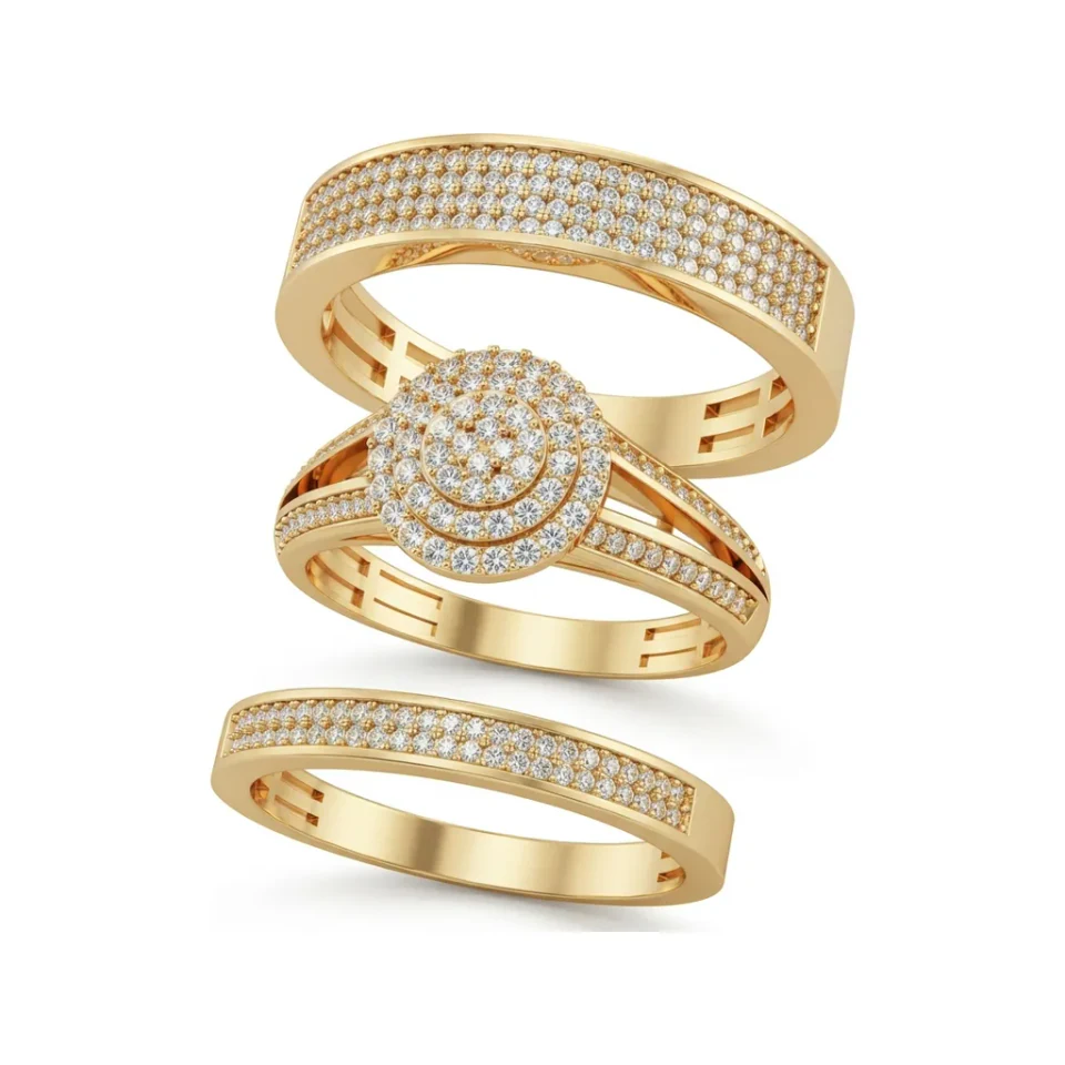0.64 CTTW Round Cluster Pave Bridal Set | Matching Ring Set in 10K Yellow Gold image 1