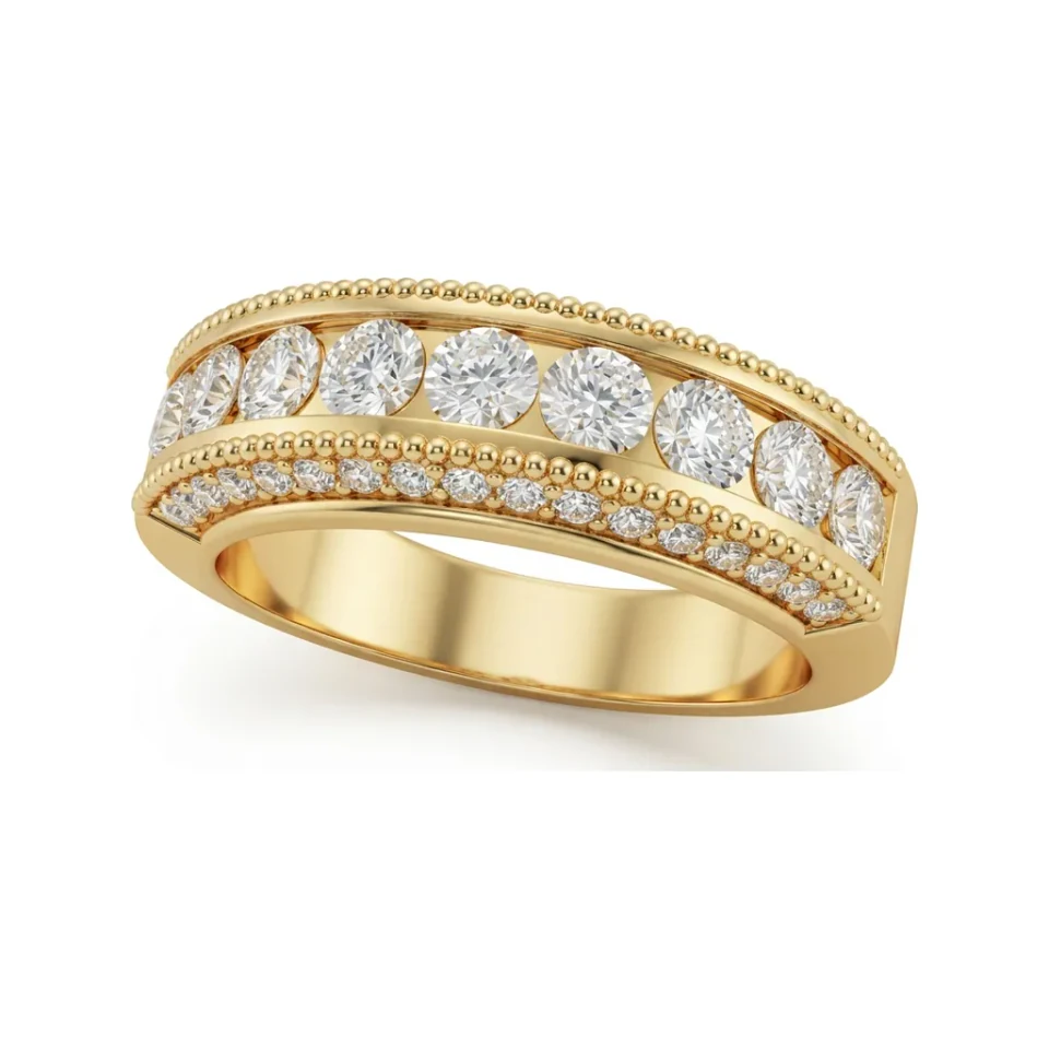 1.1 CTTW Milgrain Half-Eternity Band | Pave Edge Round Diamond Ring in 10K Yellow Gold image 1