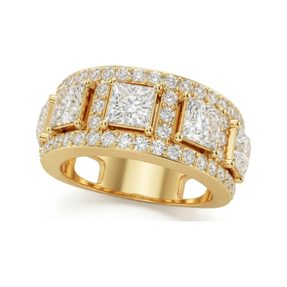 3.29 CTTW Three-Stone Princess Wide Band | Colored Stone & Pave Ring in 10K Yellow Gold image 1
