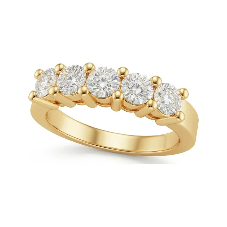 0.95 CTTW Five Stone Shared Prong Band | Round Cut Wedding Ring in 10K Yellow Gold image 1
