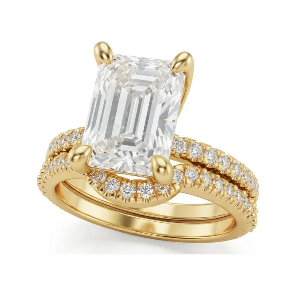 4.06 CTTW Emerald-Cut Solitaire Bridal Set with Pave Band in 10K Yellow Gold image 1