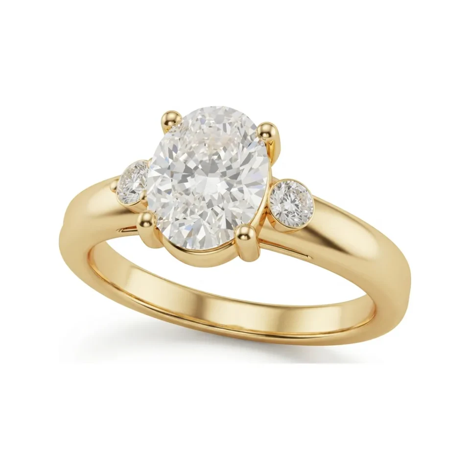 1.21 CTTW Oval Three Stone Ring | Round Accent Engagement Ring in 10K Yellow Gold image 1