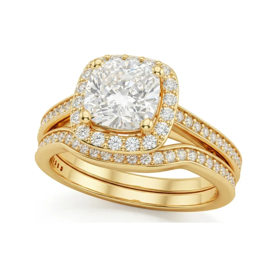 1.12 CTTW Cushion Cut Halo Bridal Set with Micro-Pave in 10K Yellow Gold image 1
