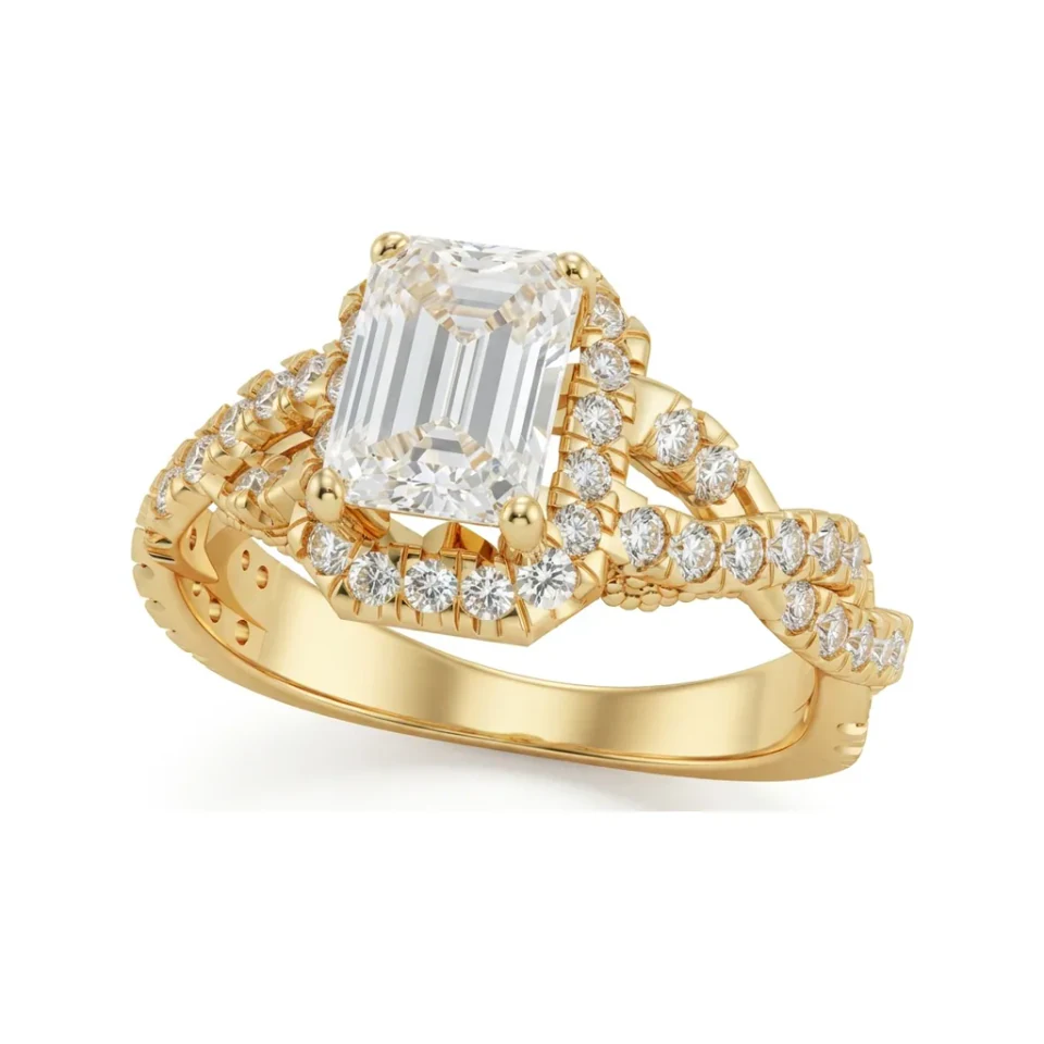 1.75 CTTW Emerald-Cut Halo Twisted Rope Vintage Engagement Ring in 10K Yellow Gold image 1