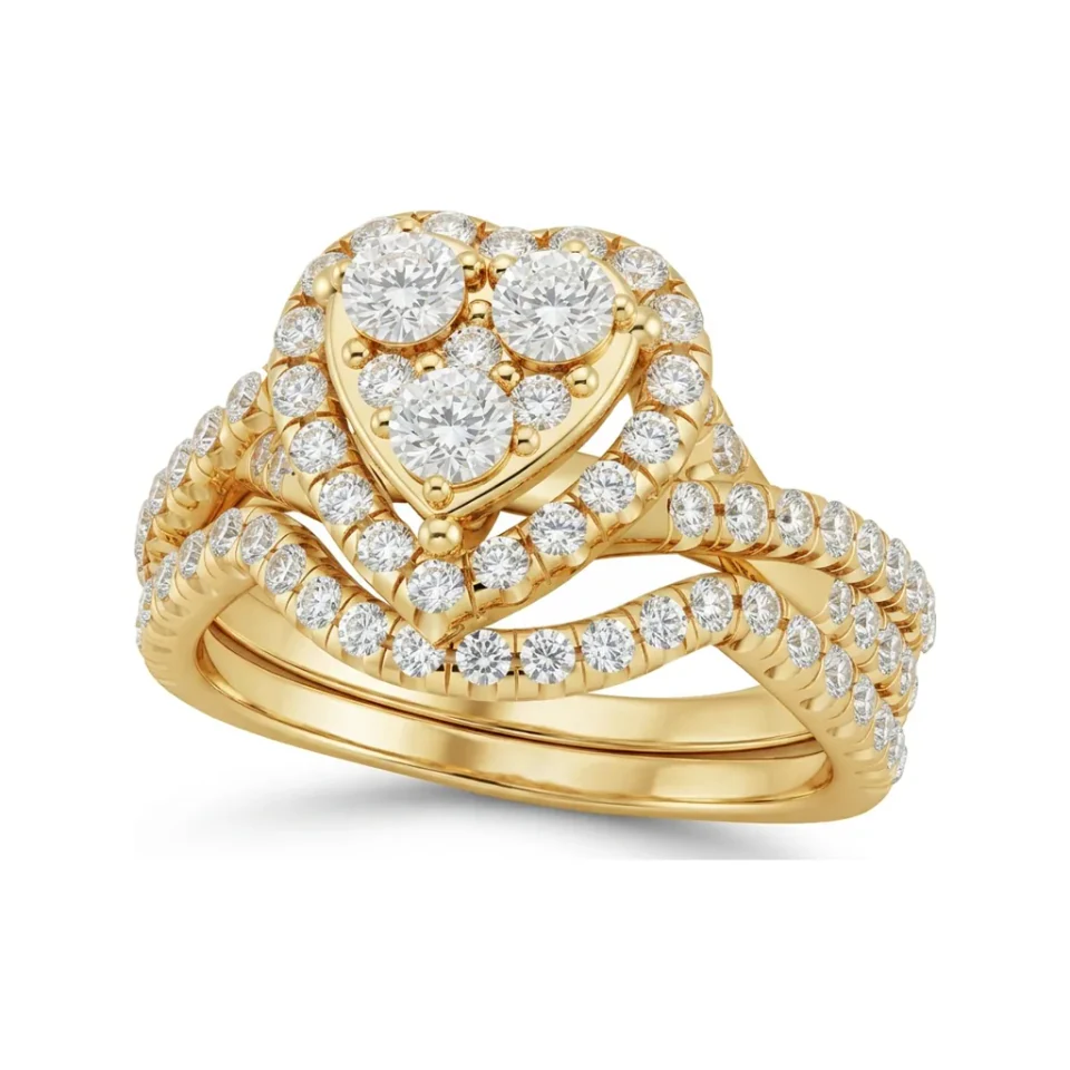 0.92 CTTW Heart Halo Bridal Set | Split Shank Pave Diamond Rings in 10K Yellow Gold image 1