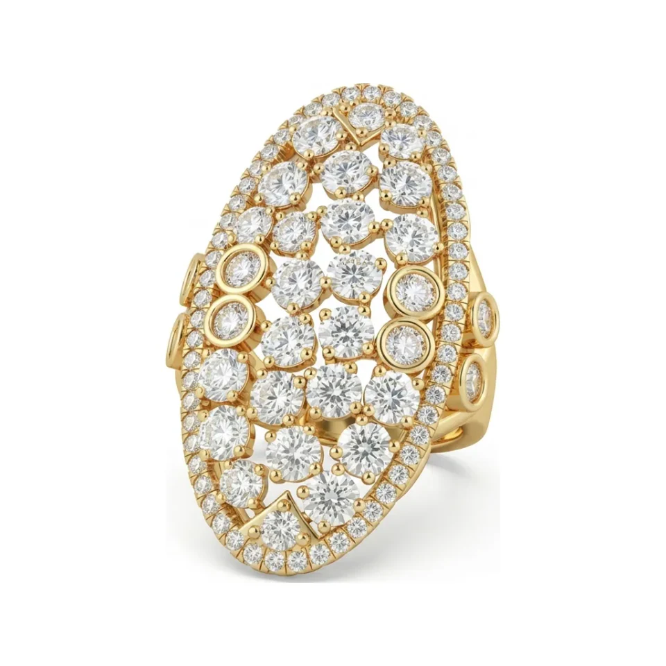 4.31 CTTW Vintage Dome Pave Cluster Cocktail Ring in 10K Yellow Gold image 1
