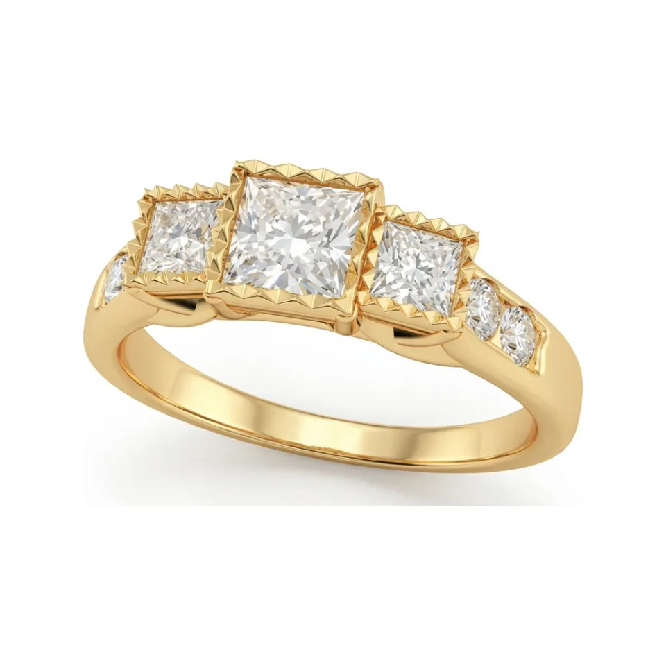1.04 CTTW Princess Three-Stone Milgrain Ring | Channel Diamond Engagement in 10K Yellow Gold image 1