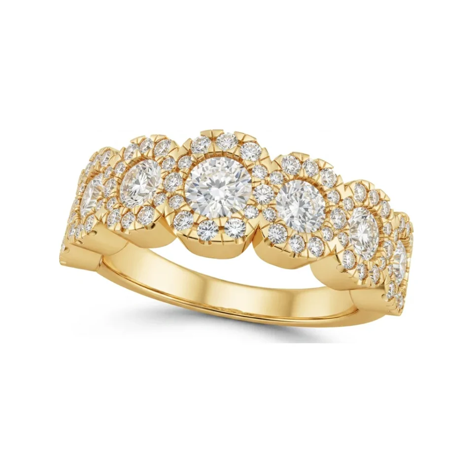 1.53 CTTW Five Stone Halo Wedding Band | Round Pave Ring in 10K Yellow Gold image 1