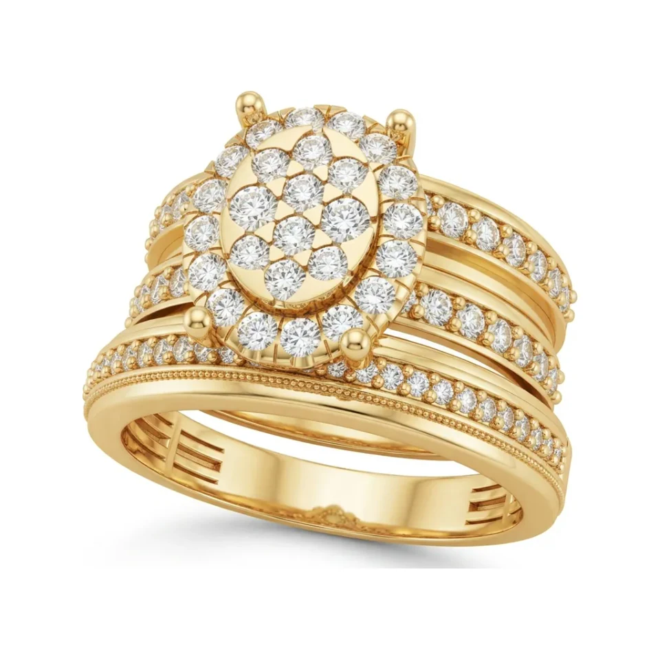 1.08 CTTW Halo Cluster Ring with Multi-Row Pave Shank in 10K Yellow Gold image 1