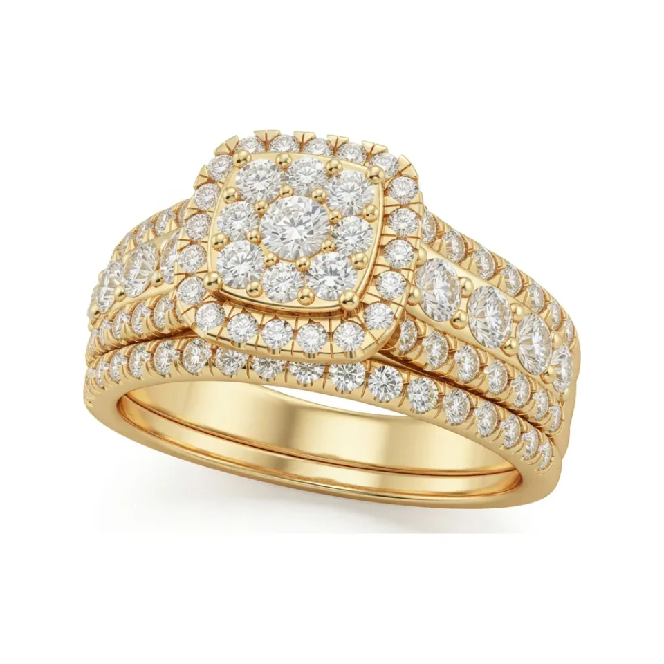 1.04 CTTW Cushion Halo Multi-Row Micro-Pave Bridal Set in 10K Yellow Gold image 1