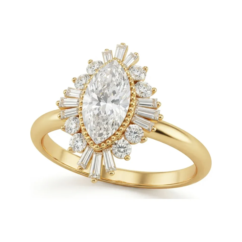 0.94 CTTW Marquise Starburst Halo Vintage Engagement Ring in 10K Yellow Gold image 1