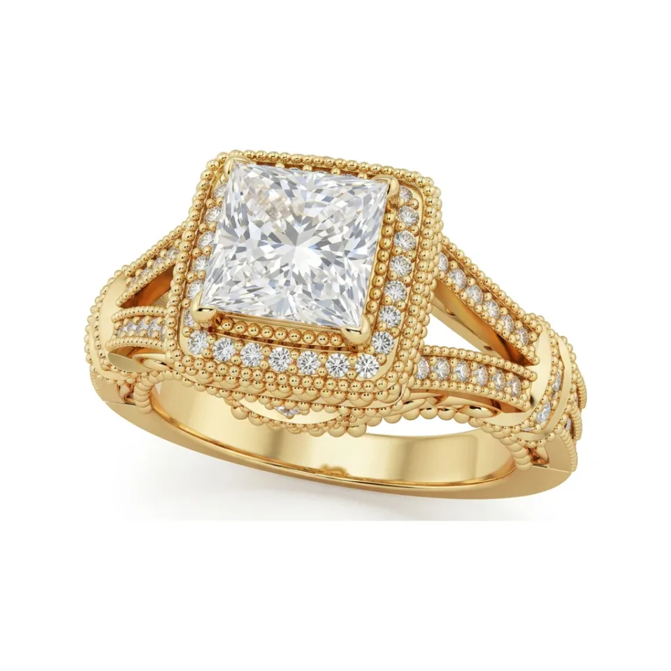 1.71 CTTW Princess Cut Halo Engagement Ring with Filigree Split Shank in 10K Yellow Gold image 1