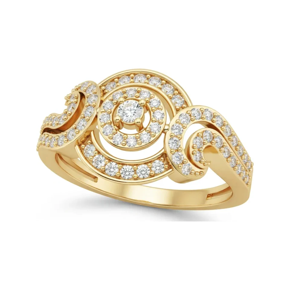 0.34 CTTW Spiral Halo Cluster Engagement Ring with Pave Shoulders in 10K Yellow Gold image 1