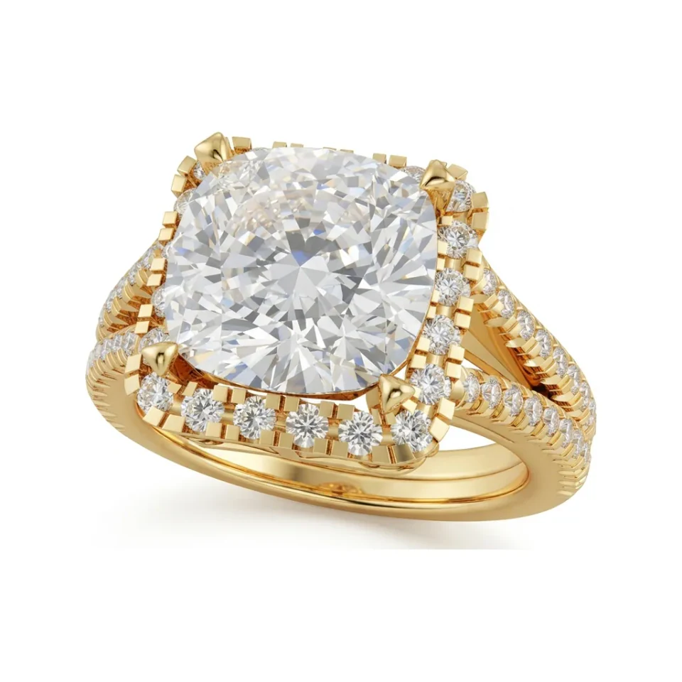 5.85 CTTW Cushion Halo Engagement Ring - Filigree Cathedral Micro Pave in 10K Yellow Gold image 1