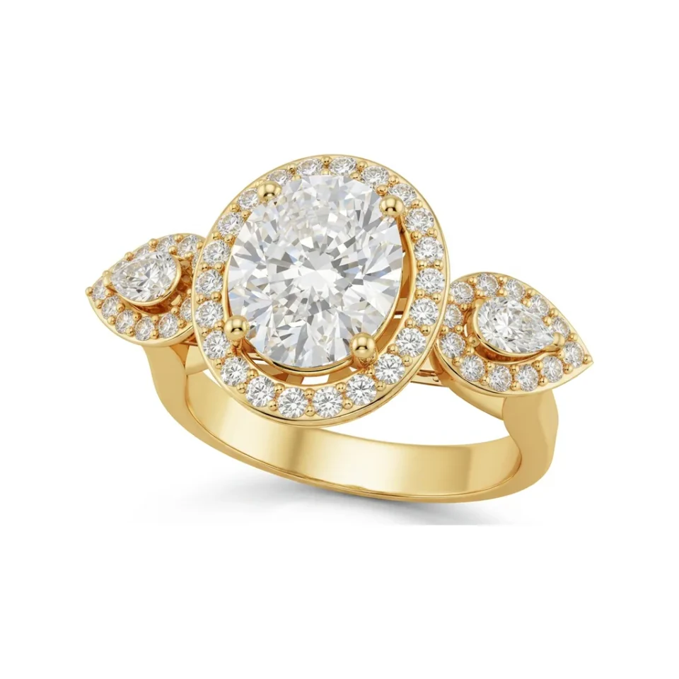 2.2 CTTW Oval & Pear Three Stone Halo Ring with Filigree Detail in 10K Yellow Gold image 1