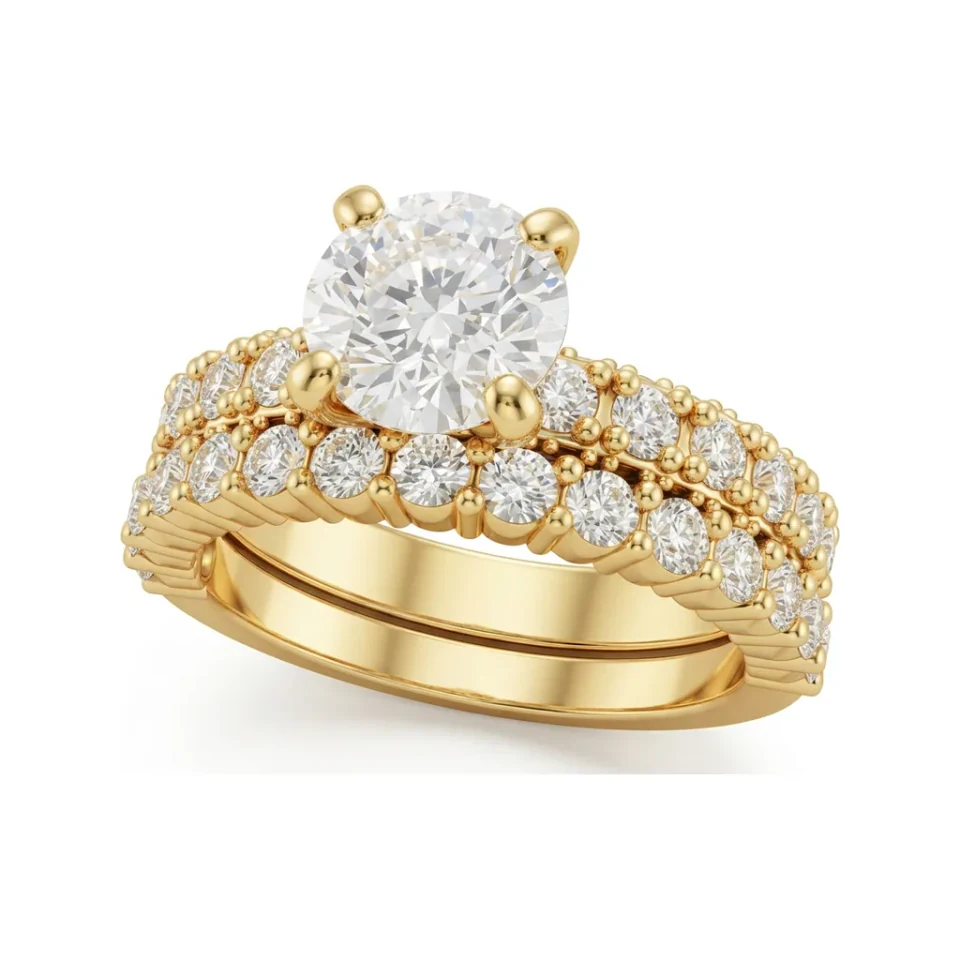 2.03 CTTW Multi-Row Pave Bridal Set | Accented Round Solitaire Ring in 10K Yellow Gold image 1