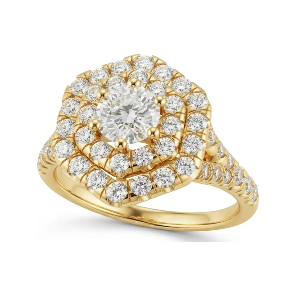 1.58 CTTW Double Halo Split Shank Engagement Ring in 10K Yellow Gold image 1