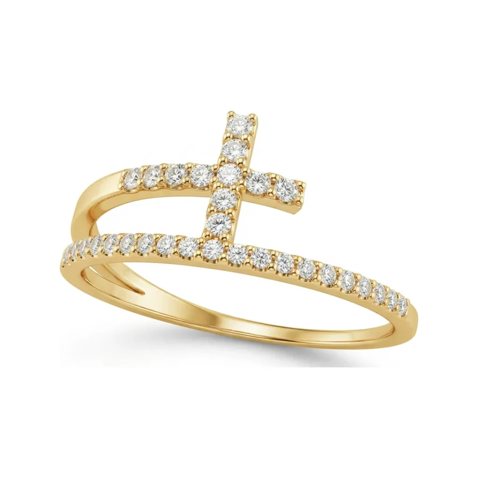 0.15 CTTW Cross Ring | Pave Diamond Religious Band in 10K Yellow Gold image 1