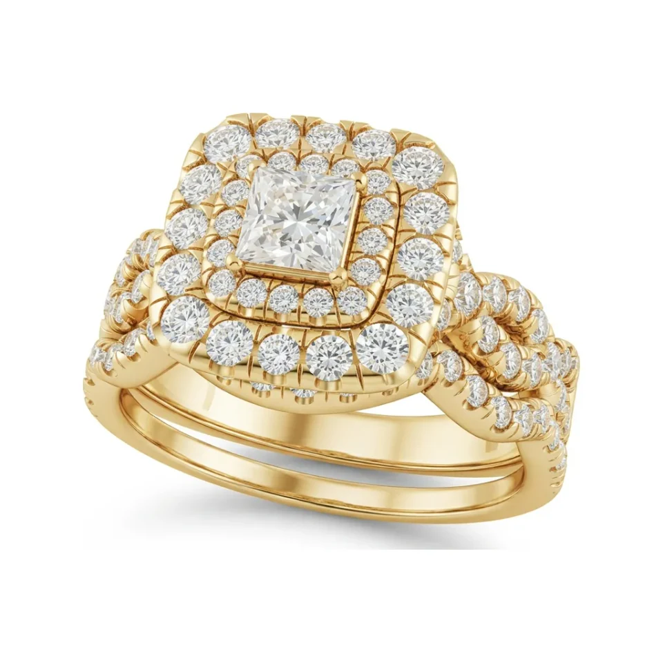 1.29 CTTW Princess Halo Twisted Split Shank Bridal Set in 10K Yellow Gold image 1