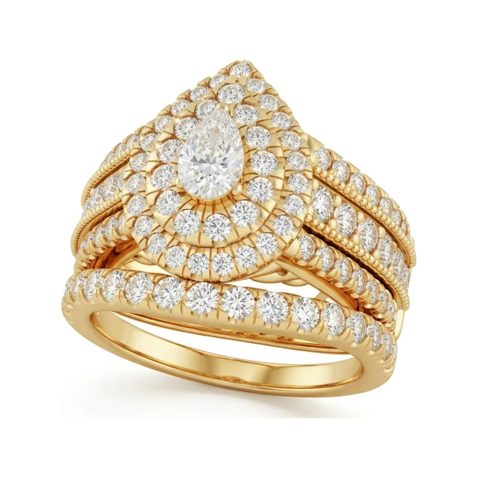 1.99 CTTW Pear Double Halo Bridal Set | Pave Diamond Rings in 10K Yellow Gold image 1