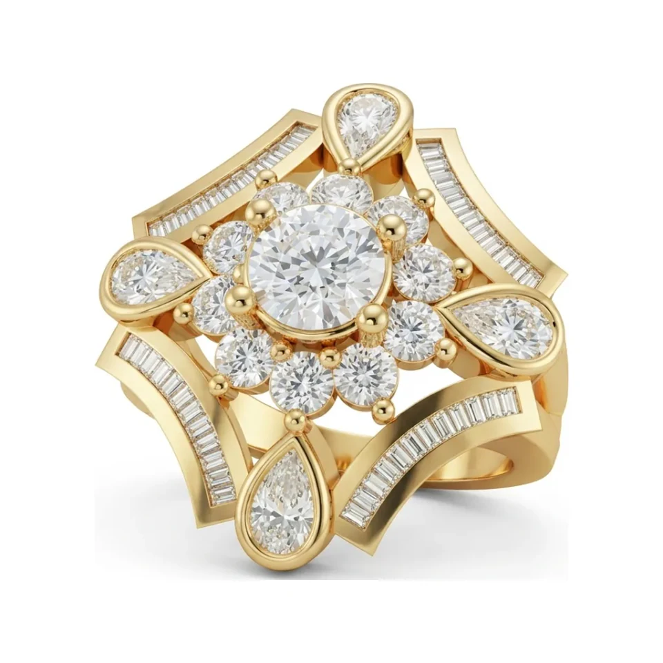 2.68 CTTW Flower Cluster Ring with Colored Stone, Pear & Baguette in 10K Yellow Gold image 1