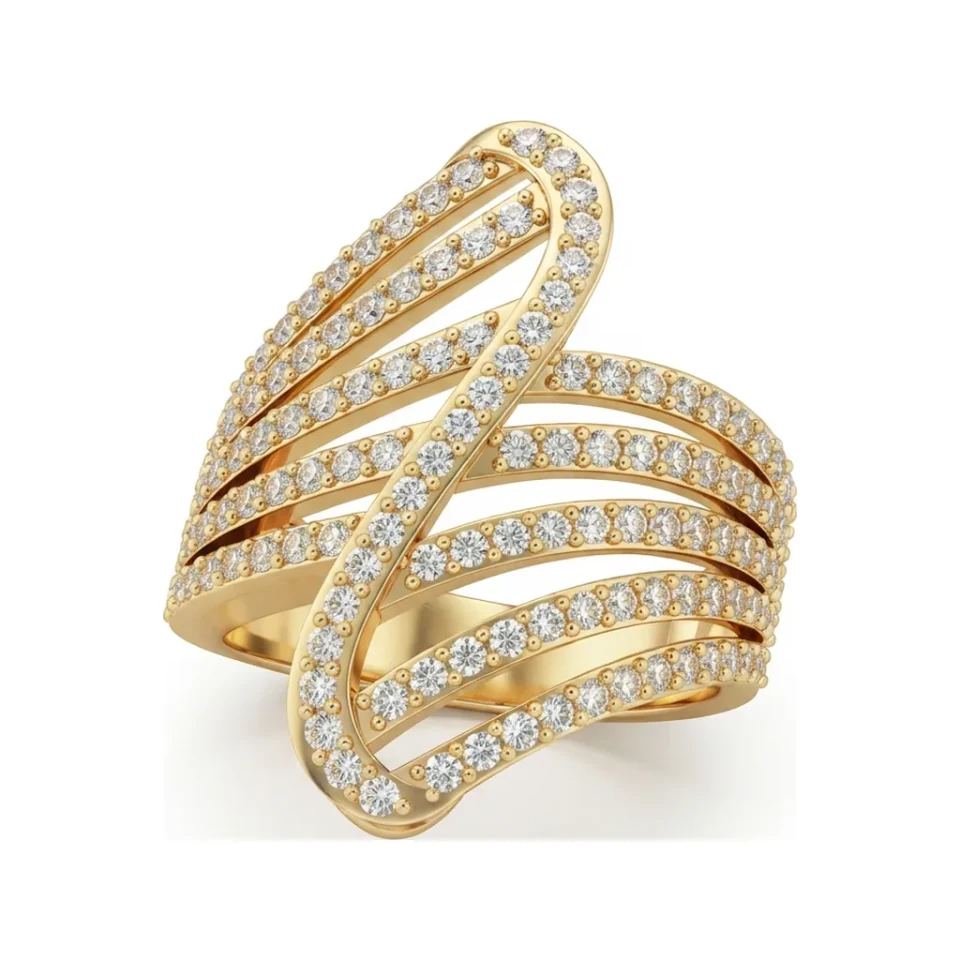 1.13 CTTW Multi-Row Bypass Wide Band with Round Pave Diamonds in 10K Yellow Gold image 1