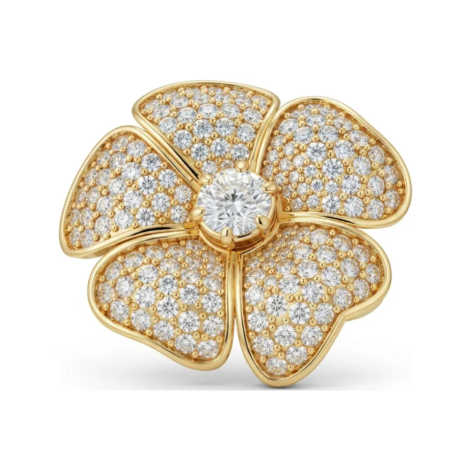 1.85 CTTW Round Flower Cluster Ring with Pave Diamonds in 10K Yellow Gold image 1
