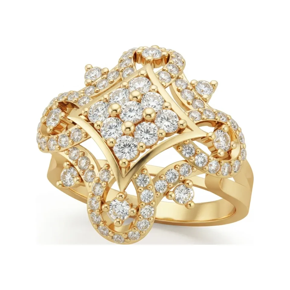 0.85 CTTW Geometric Pave Cluster Cocktail Ring in 10K Yellow Gold image 1