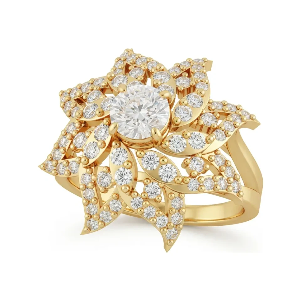 0.89 CTTW Nature-Inspired Flower Cluster Ring in Pave in 10K Yellow Gold image 1