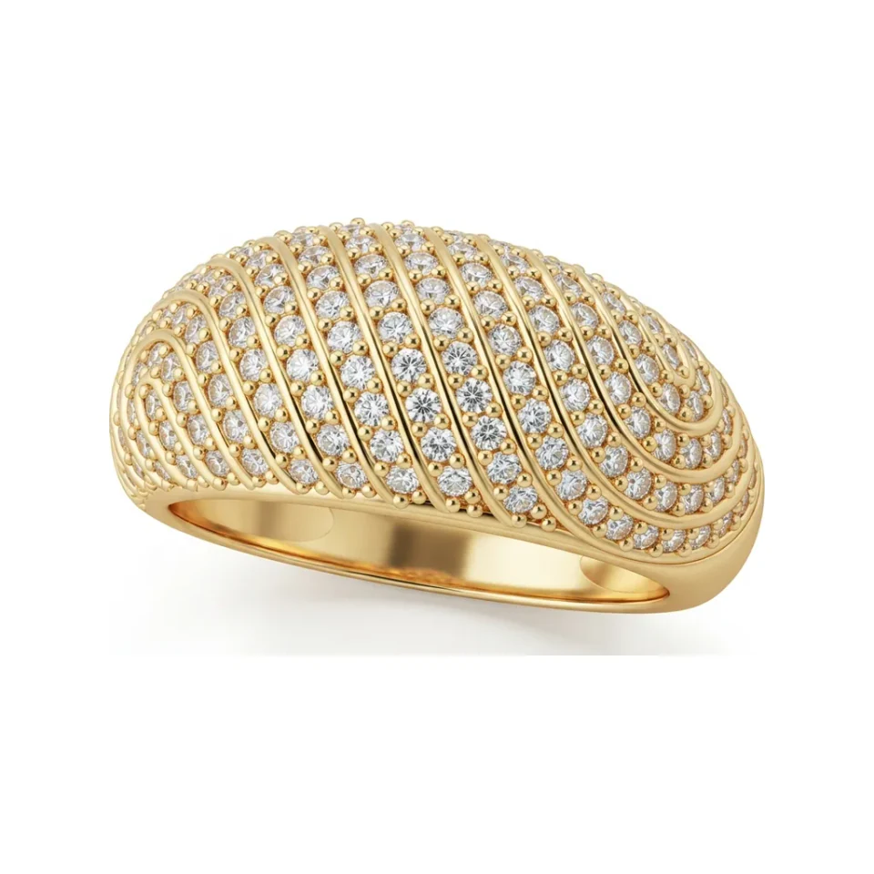 0.73 CTTW Swirled Dome Wide Wedding Band with Pave Diamonds in 10K Yellow Gold image 1