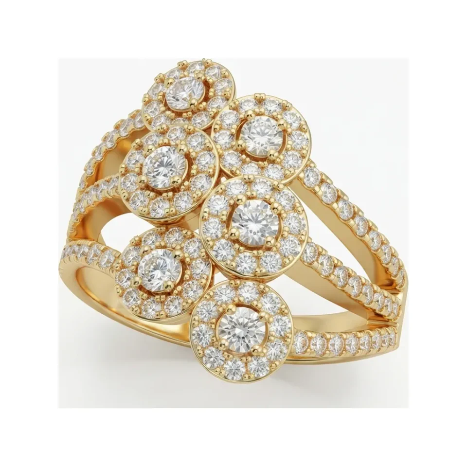 1.02 CTTW Floral Halo Cluster Ring on Split Shank in 10K Yellow Gold image 1