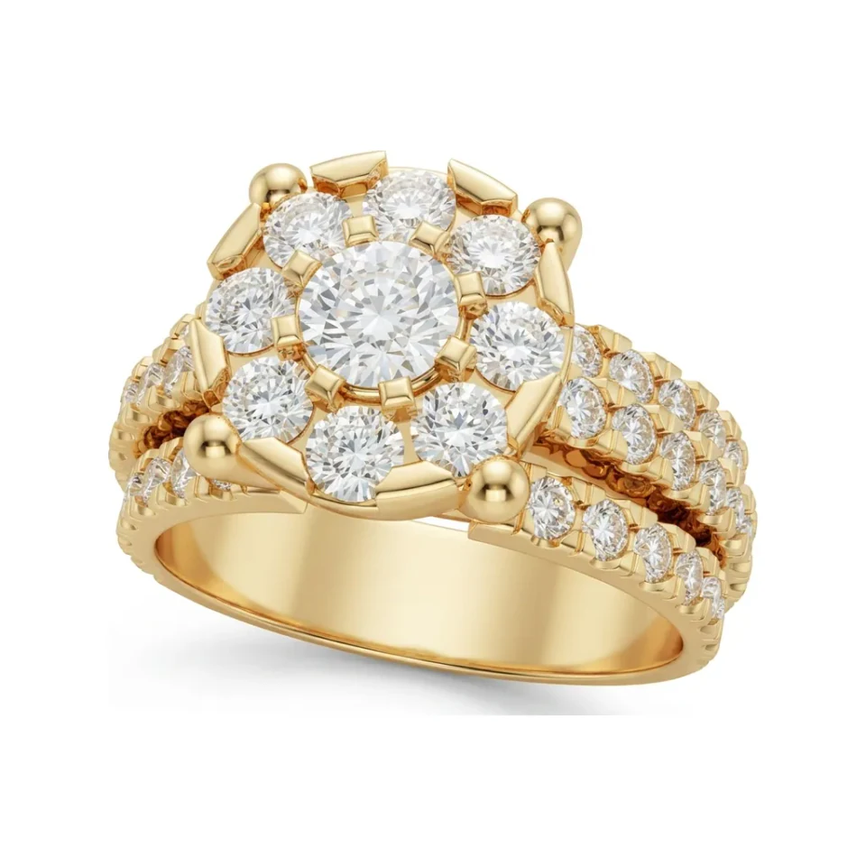 2.11 CTTW Circle Cluster Halo Bridal Set with Multi-Row Pave in 10K Yellow Gold image 1