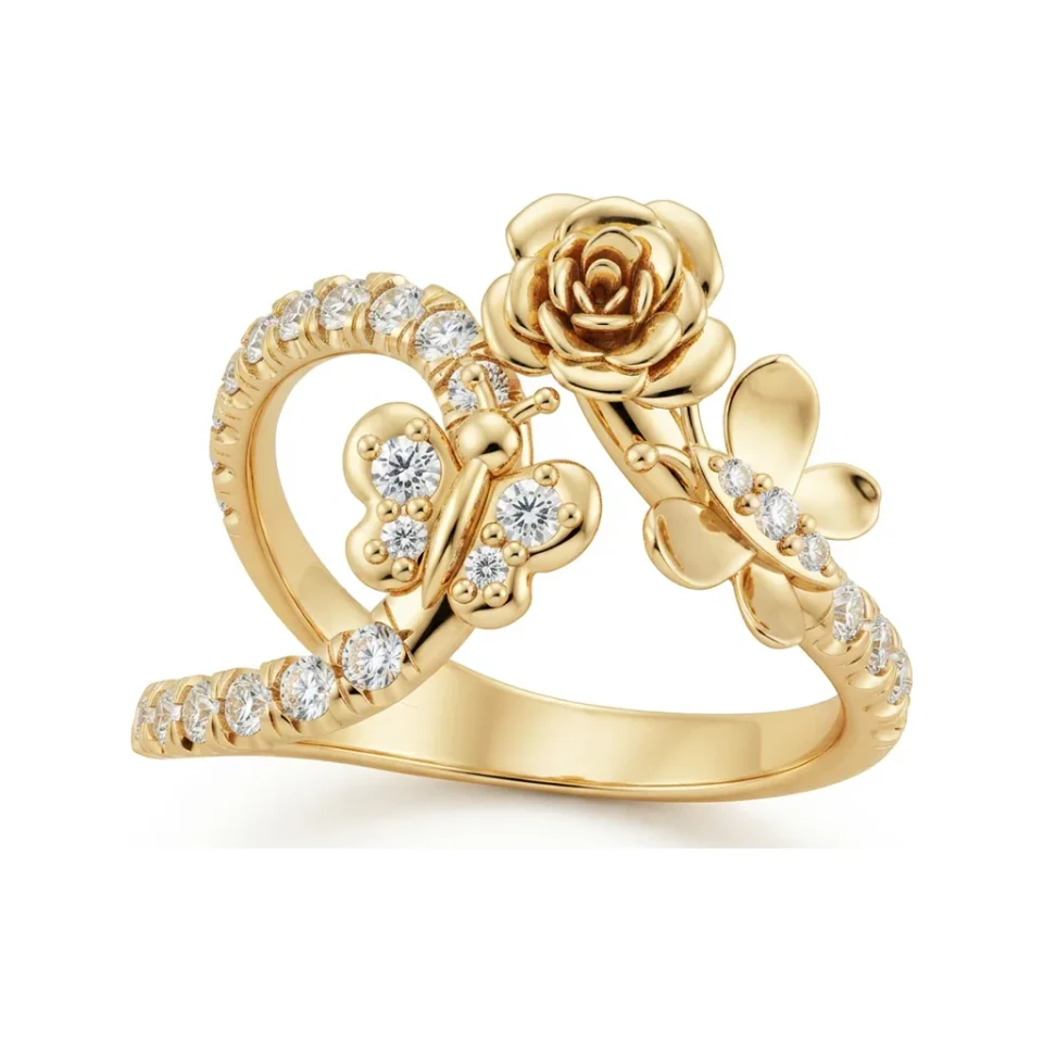 0.71 CTTW Rose Floral Bypass Ring with Round Pave Diamonds in 10K Yellow Gold image 1