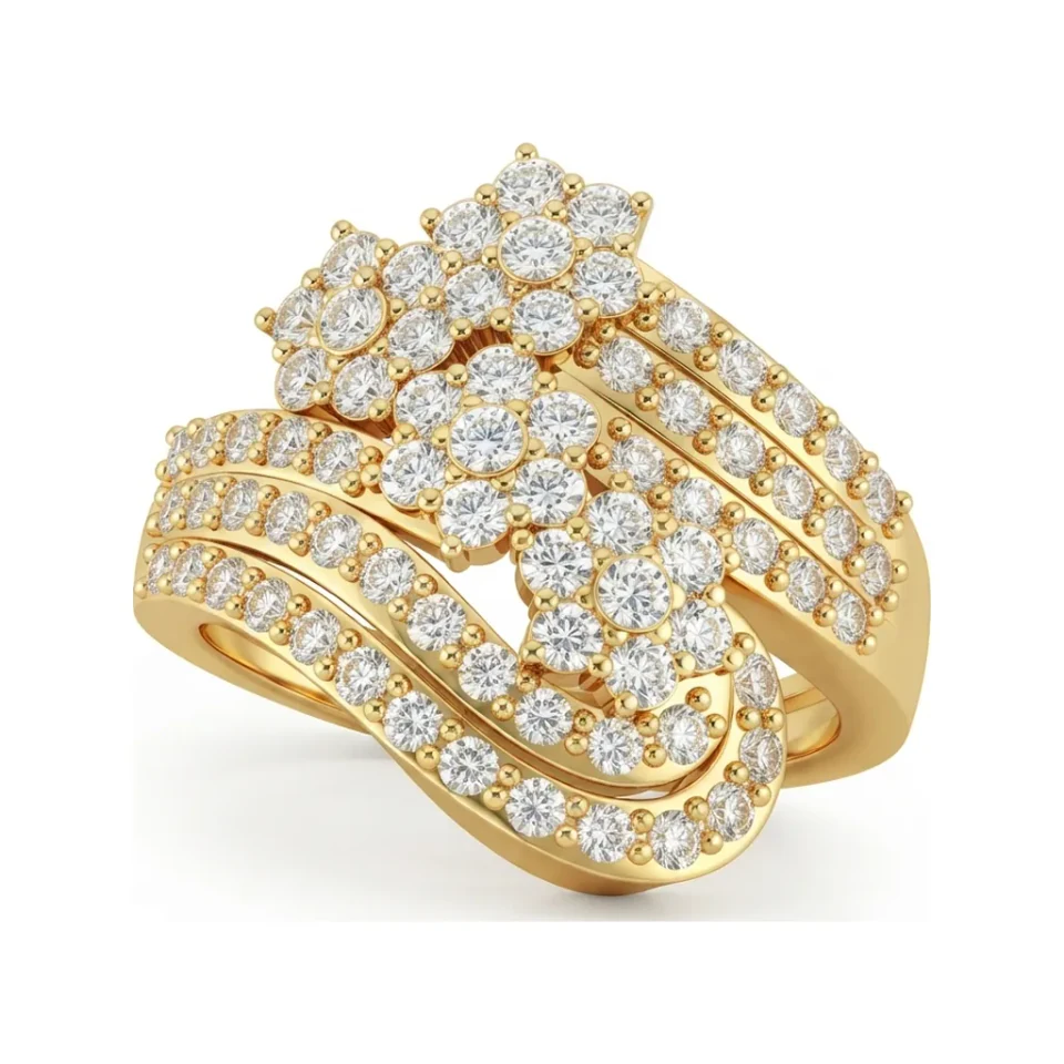 0.99 CTTW Multi-Row Swirl Bypass Ring with Pave Diamonds in 10K Yellow Gold image 1