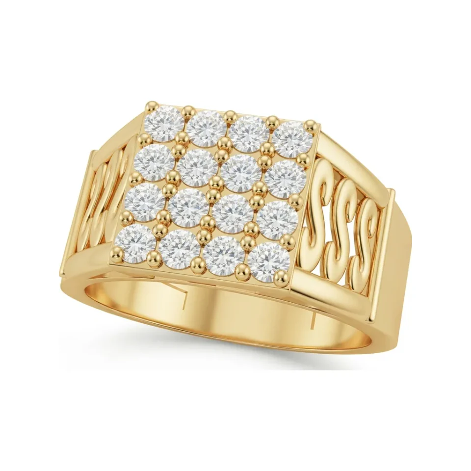 0.9 CTTW Mens Wide Band with Channel-Set and Pave Diamond Clusters in 10K Yellow Gold image 1