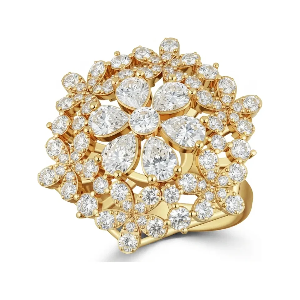 2.41 CTTW Pear Petal Starburst Flower Ring with Pave Accents in 10K Yellow Gold image 1