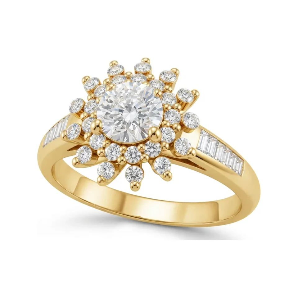 0.8 CTTW Starburst Halo Engagement Ring with Channel Baguettes in 10K Yellow Gold image 1