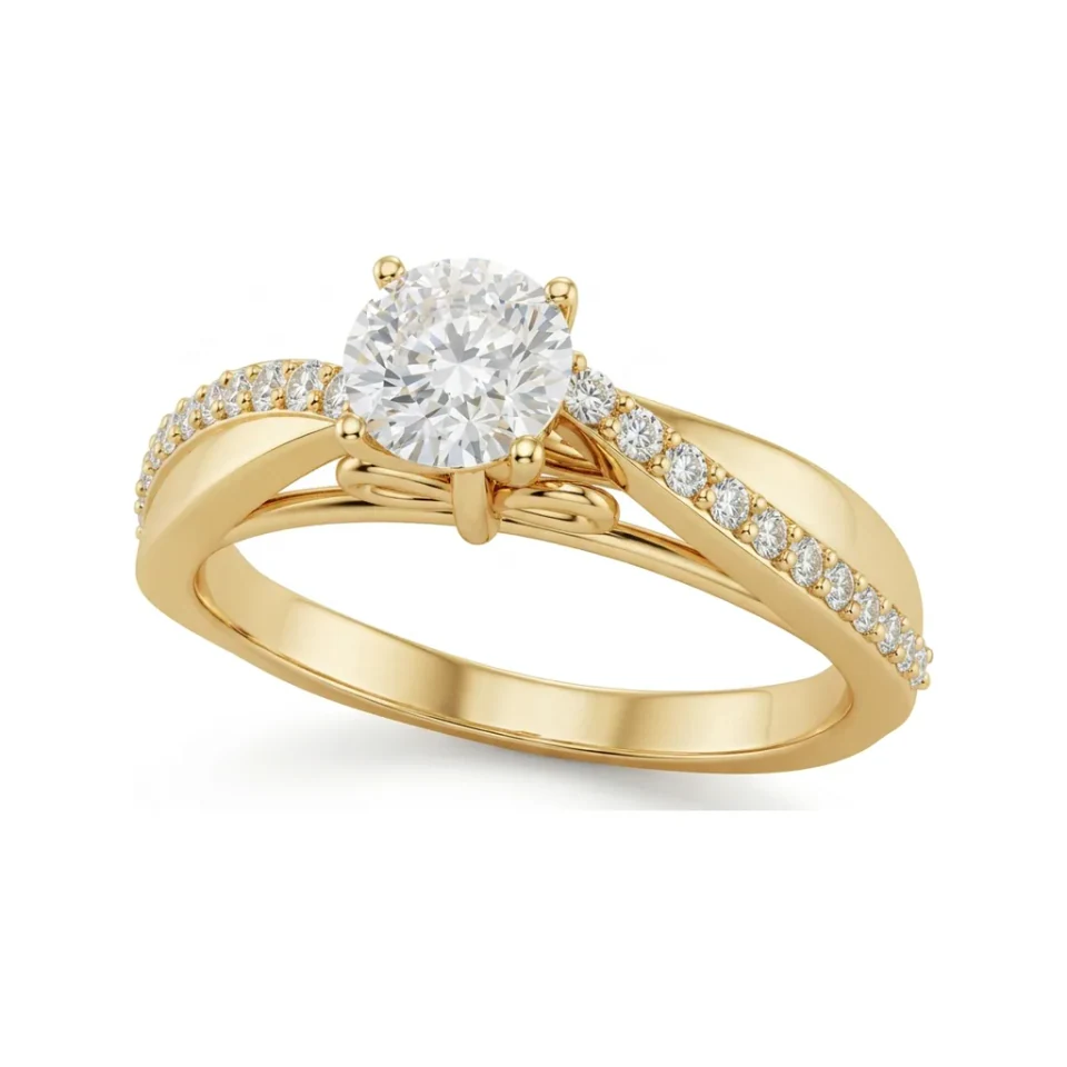 0.64 CTTW Bypass Accented Solitaire Ring with Pave Round Diamonds in 10K Yellow Gold image 1