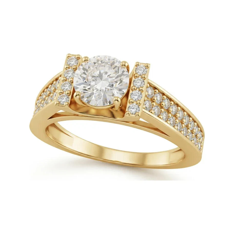 1.03 CTTW Accented Solitaire Ring with Bar-Set Multi-Row Pave in 10K Yellow Gold image 1