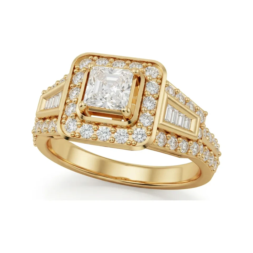 0.95 CTTW Princess-Cut Halo Engagement Ring | Split Shank, Baguette Accents in 10K Yellow Gold image 1