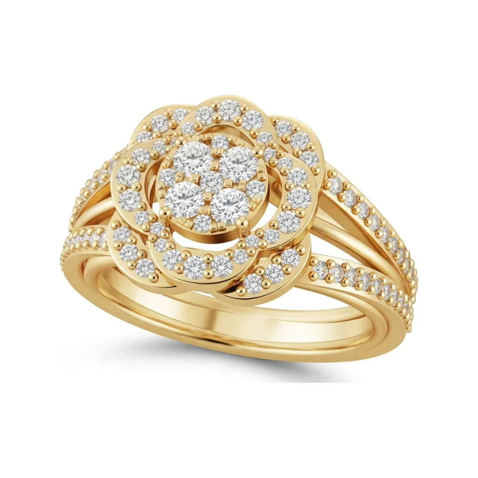 0.61 CTTW Filigree Halo Engagement Ring with Pave Band in 10K Yellow Gold image 1