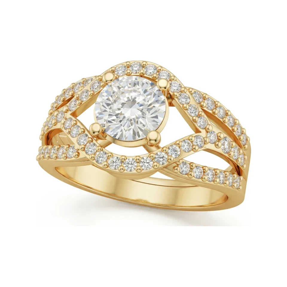 1.2 CTTW Round Halo Engagement Ring on Pave Split Shank in 10K Yellow Gold image 1