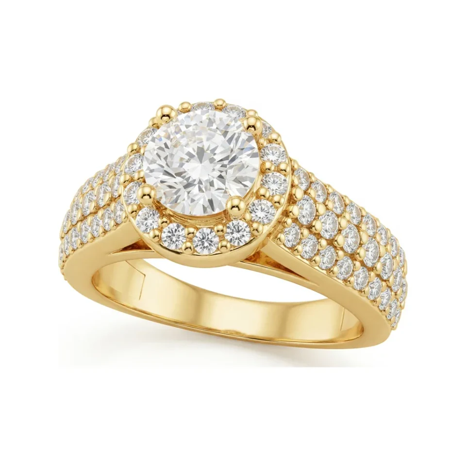1.54 CTTW Double Halo Round Pave Engagement Ring in 10K Yellow Gold image 1