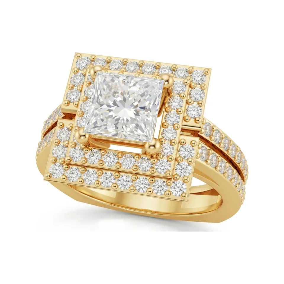 1.36 CTTW Princess Double Halo Engagement Ring | Split Shank in 10K Yellow Gold image 1