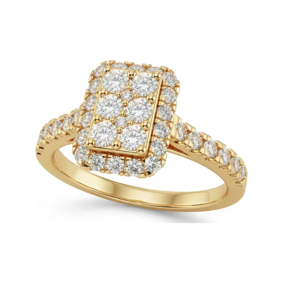 0.65 CTTW Rectangular Cluster Halo Engagement Ring in 10K Yellow Gold image 1