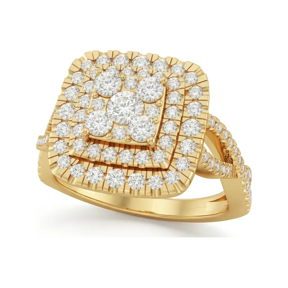 0.85 CTTW Square Cluster Double Halo Ring with Twisted Rope Shank in 10K Yellow Gold image 1