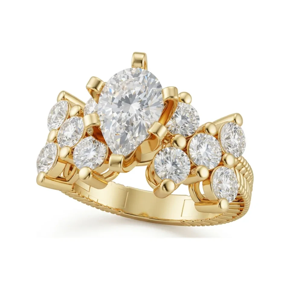2.42 CTTW Pear Accented Solitaire Cluster Ring in 10K Yellow Gold image 1