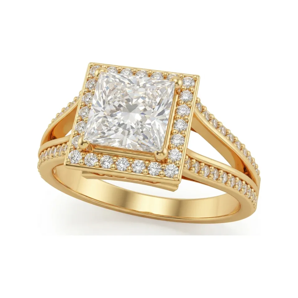 1.64 CTTW Princess Halo Engagement Ring | Pave Split Shank in 10K Yellow Gold image 1